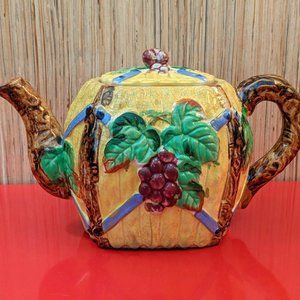 Vibrant 1950s majolica ceramic bright colors teapot made in Japan vine grapes